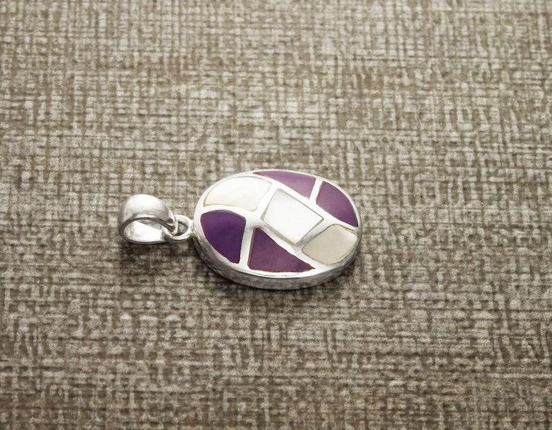 Oval Purple Pendant Sterling Silver Pendant, White Mother of Pearl, Mosaic Wave Pattern Pendant, Inlay Dangle Pendant, Purple Color image 2