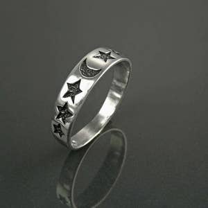 Moon Stars Band Ring, Sterling Silver, Crescent Moon, Twinkle Cluster of Stars, Starry Constellation Jewelry, Nebula Ring, Shooting Star image 2