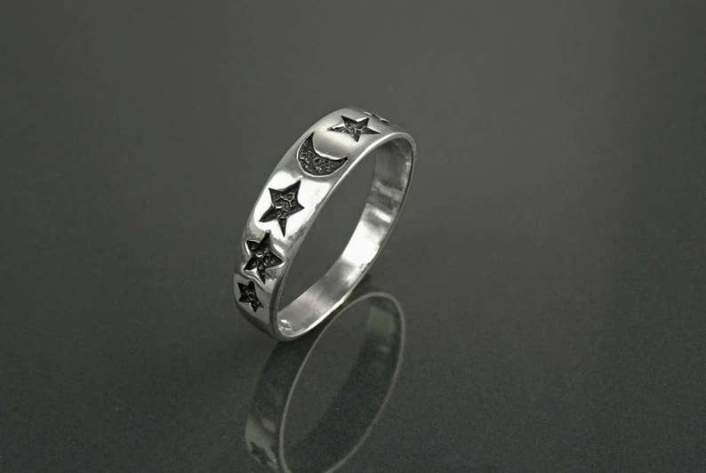 Moon Stars Band Ring, Sterling Silver, Crescent Moon, Twinkle Cluster of Stars, Starry Constellation Jewelry, Nebula Ring, Shooting Star image 2