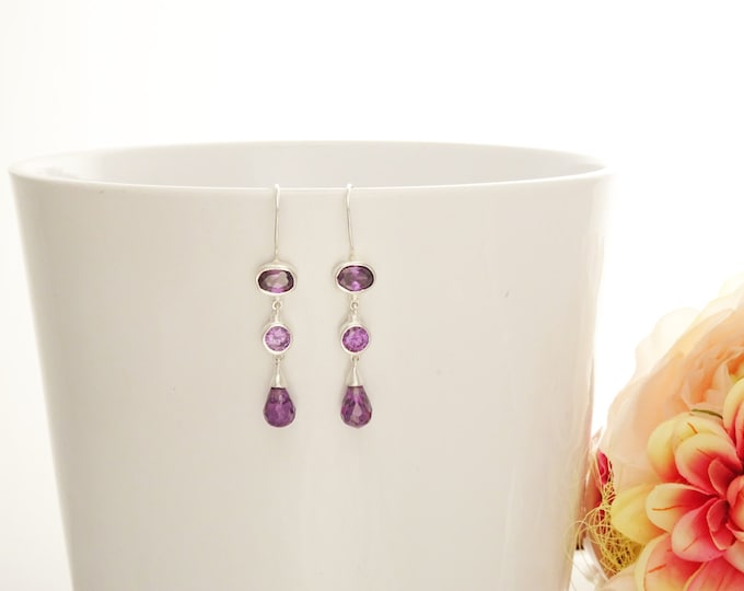 Purple Stone Earrings, Sterling Silver, Hook Earrings, Violet Stones Drop Chandelier Earrings, Long silver earrings, Modern Long Earrings