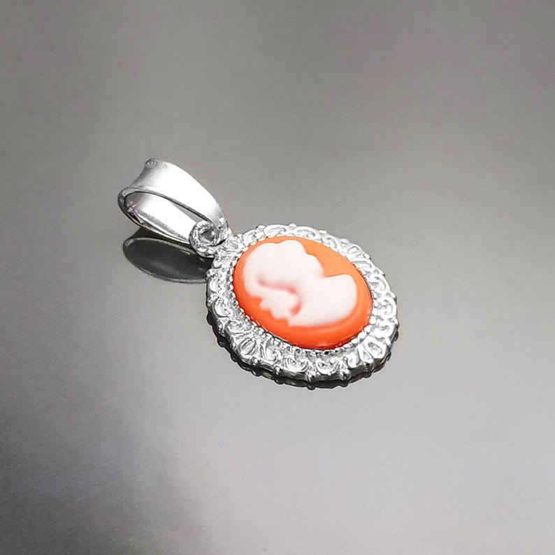 Red Cameo Pendant - Sterling Silver Red and white Resin stone - woman face portrait cameo - Vintage necklace charm - Victorian Jewelry gift image 5