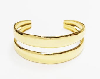 Double Row Gold Cuff • 18K Gold Filled • Modern Stacked Two Rows Band Lines Open Bangle • Statement Minimalist Jewelry • Gift for Women