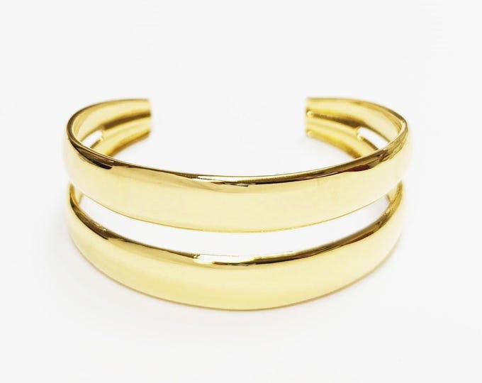 Double Row Gold Cuff • 18K Gold Filled • Modern Stacked Two Rows Band Lines Open Bangle • Statement Minimalist Jewelry • Gift for Women