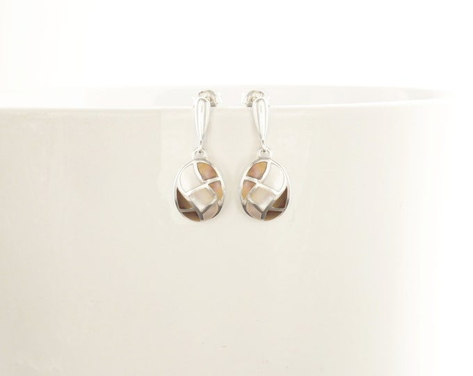 Oval Shell Earrings, Sterling Silver, Genuine Paua Shell with White Mother of Pearl, Dangle Geometric Jewelry, Mosaic Wave Earrings