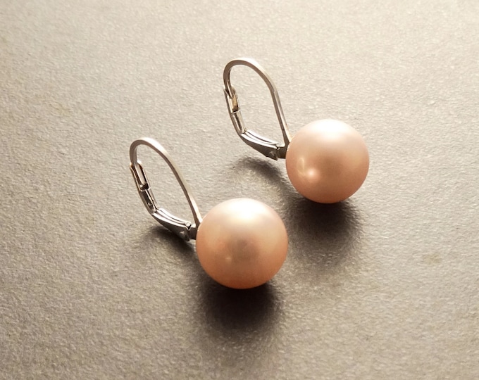 10 mm GENUINE Pink Shell Pearl Earrings, Sterling Silver, Lever Back Earrings, Minimalist, Pearl Jewelry, Prom, Wedding, Bridesmaids Gifts