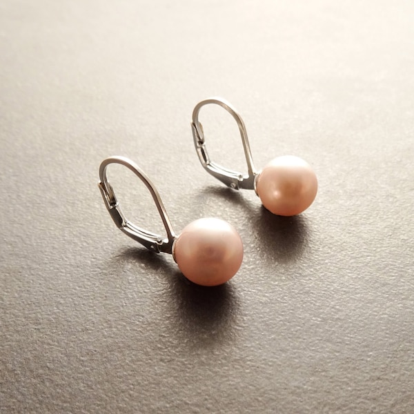 8 mm Véritable Perles de Nacre Rose, Dormeuses Argent  925,  Boucles d'Oreilles Perles, Majorque, Bijoux Minimaliste, Mariage, pour Soirée