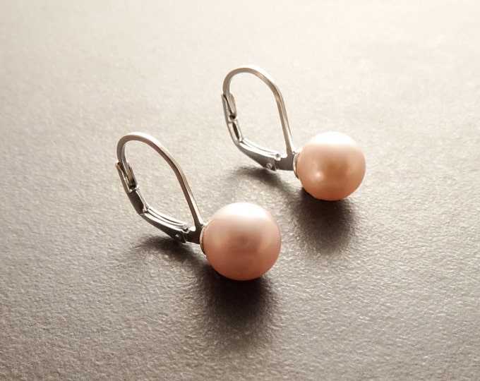 Pink Pearl Earrings, Sterling Silver, 8 mm GENUINE Shell Lever Back Earrings, Minimalist Rose Color Pearl balls Jewelry, Wedding Gifts