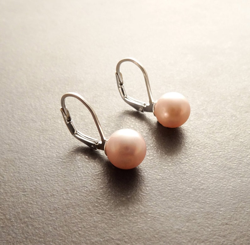 8 mm Véritable Perles de Nacre Rose, Dormeuses Argent 925, Boucles d'Oreilles Perles, Majorque, Bijoux Minimaliste, Mariage, pour Soirée image 1