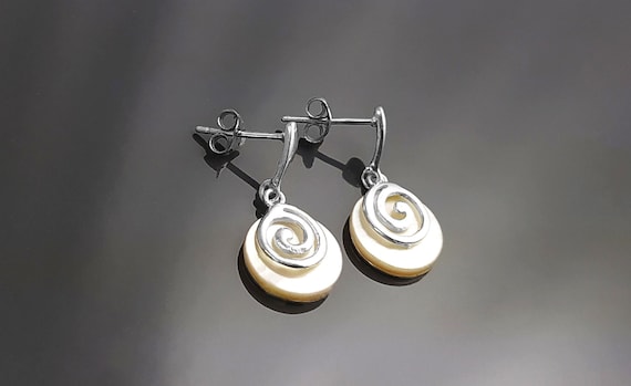 White Round Earrings, Sterling Silver, Genuine Mother of