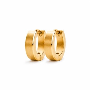 Op de afbeelding: Een paar goudkleurige oorringen. De oorbellen hebben een geborstelde metalen afwerking en een eenvoudig, modern design. De ringen zijn ovaal van vorm en hebben een veilige sluiting. De oorbellen worden tegen een witte achtergrond getoond.