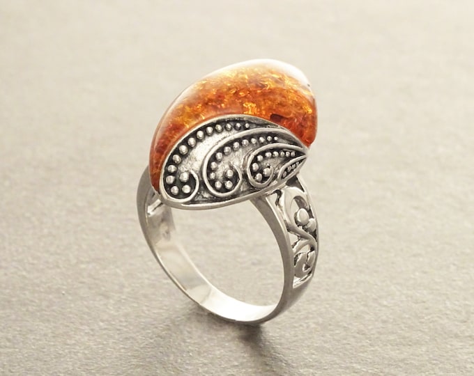 Boho Amber Ring, Sterling Silver 925, GENUINE Amber Gemstone with Inclusions, Intricate Filigree Jewelry, Antique Vintage Bali Bohemian Ring