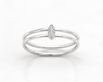 Double Band Bar Ring • Sterling Silver • Diamond Cz Stones Pavé Oval Bridge Parallel Band • Modern Jewelry