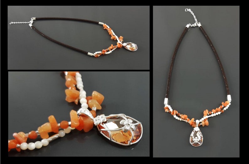 Collier Ras de Cou Agate Véritable, Argent 925, Collier Torque Cuir Galuchat, Perles, Nacre, Dessin Fleur, Zirconia, Pendentif, Agate Orange image 5