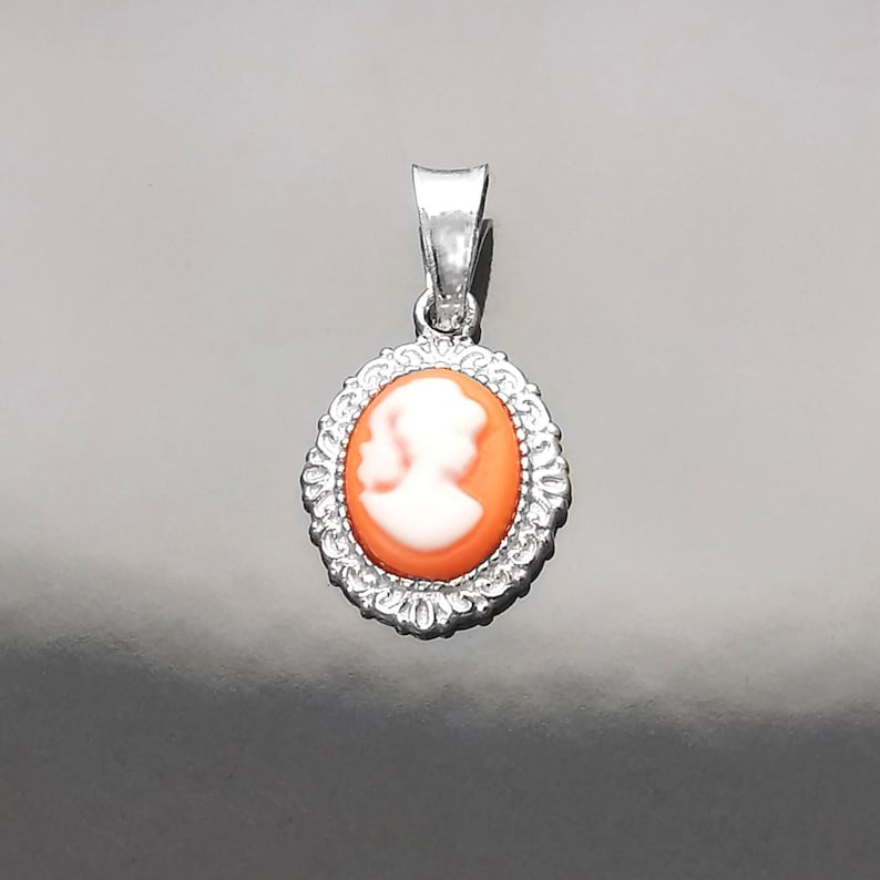 Red Cameo Pendant - Sterling Silver Red and white Resin stone - woman face portrait cameo - Vintage necklace charm - Victorian Jewelry gift image 1