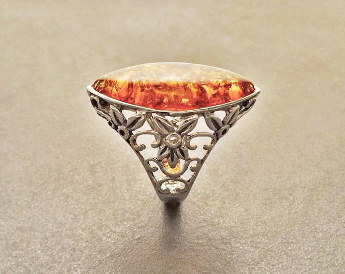 Amber Ring, Sterling Silver Ring, Genuine Amber Gemstone Ring, Filigree Ring, Antique Stone ring, Unique Statement Boho Jewelry