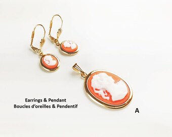 Boucles D'oreilles Dormeuses Camée Portrait - Résine Noire Sur Fond Plaqué Or 18 Carats - Bijouxia