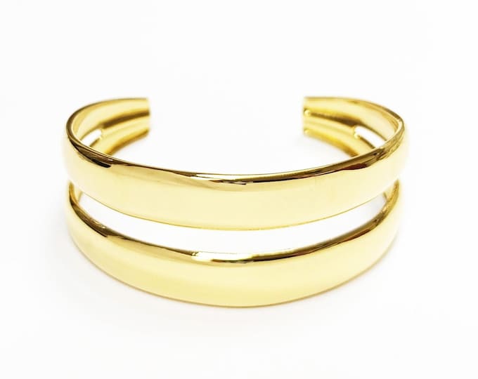 Double Row Gold Cuff • 18K Gold Filled • Modern Stacked Two Rows Band Lines Open Bangle • Statement Minimalist Jewelry • Gift for Women