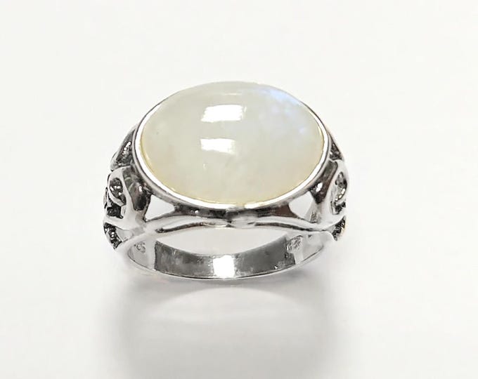 NATURAL Moonstone ring, Sterling Silver, White Moonstone Oval Domed Stone, Boho Vintage Art Nouveau Design Jewelry, Woman Gift