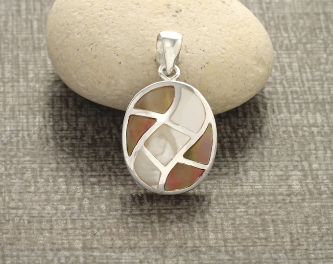 Oval Shell Pendant, Sterling Silver, White Mother of Pearl and Gold Paua Shell Necklace, Modern Geometric Stone Jewelry