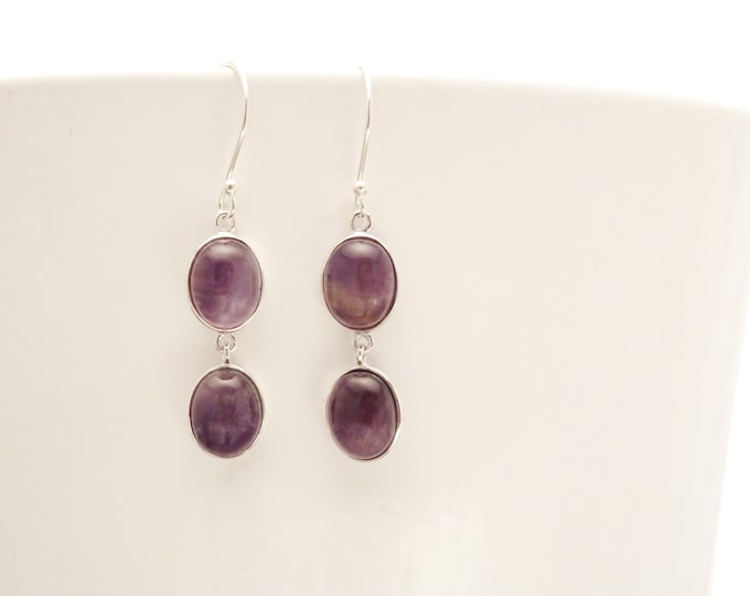 Amethyst Earrings, Sterling Silver, Genuine Purple Amethyst Gemstone, Modern Violet Stones dangle earrings, Pending Oval Stone Earrings