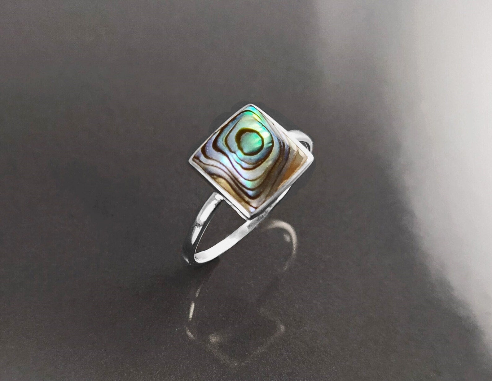 Abalone Shell Ring, Sterling Silver 925, Genuine in a Minimalist Square ...