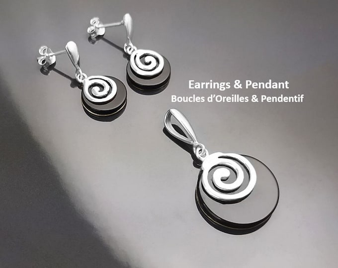 Black Round Earrings and Pendant - Sterling Silver 925,  Black Onyx Stone, Spiral Design Silver Jewelry set, Modern Swirl Design Jewelry