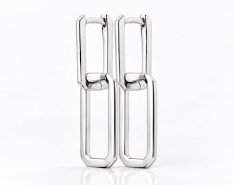 Double Rectangle Hoops • Sterling Silver • Interlocking Two Hoop Earrings • Minimalist Geometric Huggies