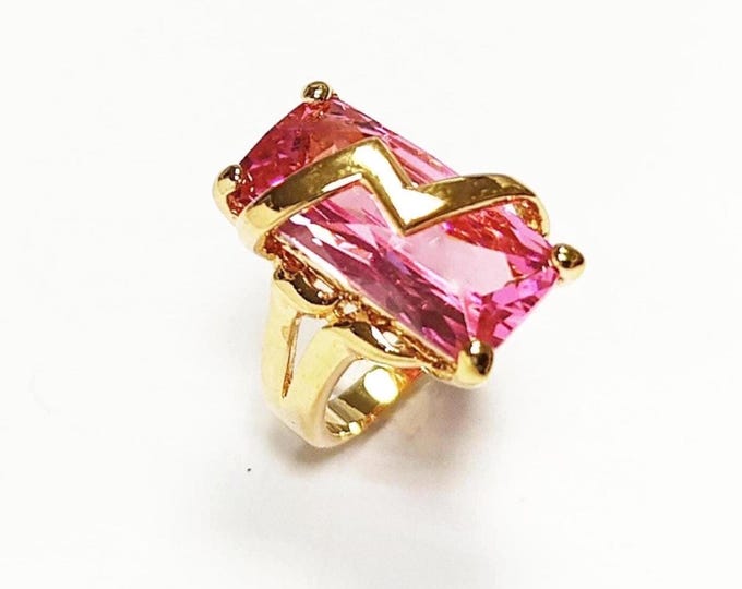 Pink Statement Ring • 18K Gold Plated • Modern Baguette Cut Cz Stone • Elegant Cocktail Jewelry with Chevron Accent • Ideal Gift for Women