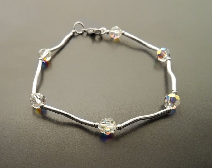 Crystal Balls Bracelet, Sterling Silver, White Clear Beaded Stone Bracelet, Modern Faceted Borealis Rainbow Crystal stones Beads