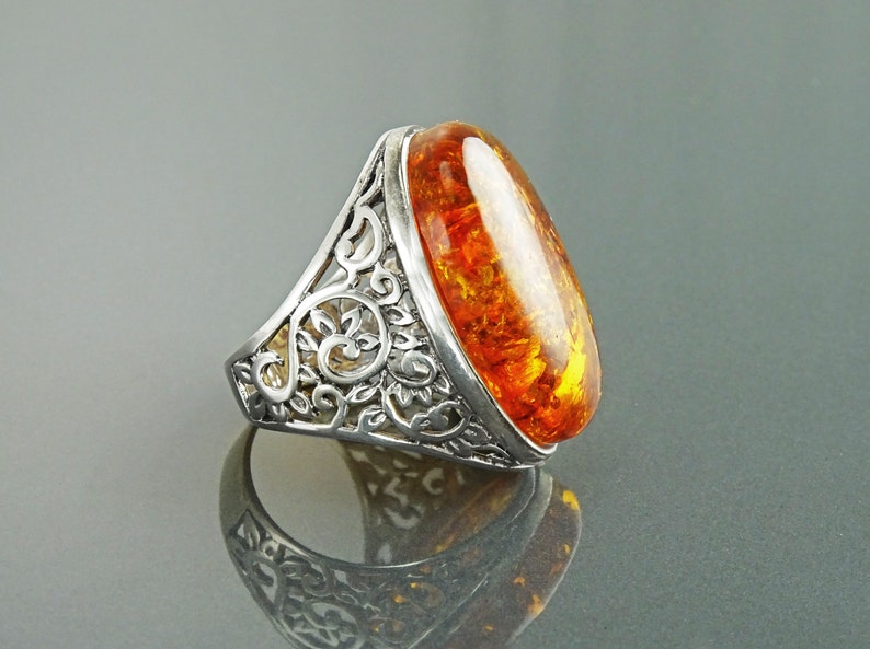 Bague Argent Massif Avec Pierre Ambre - Taille 60 - Occasion - Bijou Vintage