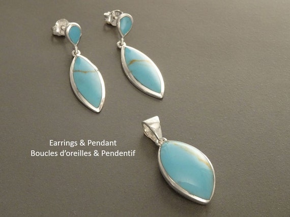 Turquoise Earrings and Pendant Set, Sterling Silver, Turquoise Blue Stone, Oval Stone, Modern Stones Jewelry, Dangle Pendant,