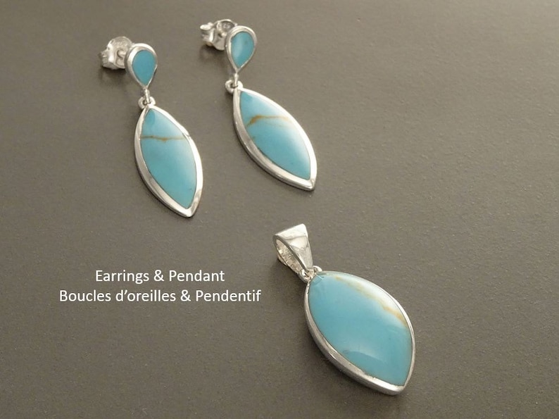 Deep Black Sterling Silver Dainty Jewelry Turquoise Set Almond Shape Bright Blue Tribal, Earrings and Pendant Set Blue Turquoise