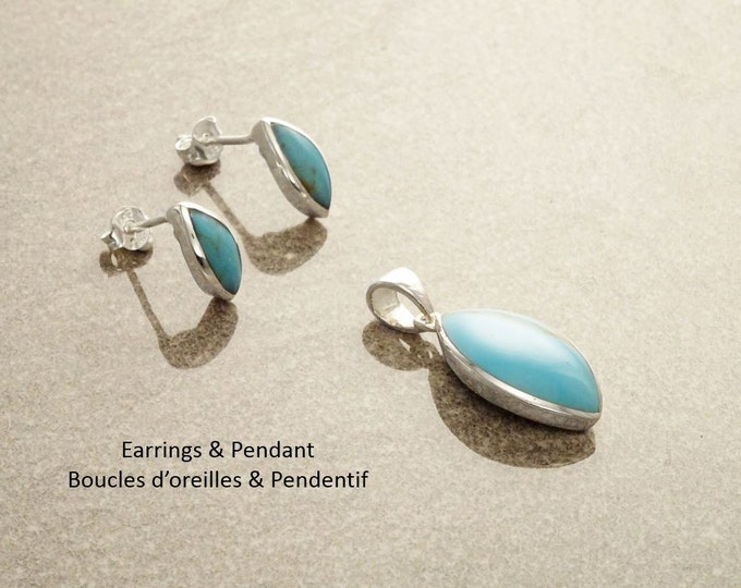 Turquoise Oval Earrings, Sterling Silver, Blue turquoise stone necklace, Almond Shape Pendant Set, dainty turquoise jewelry, studs earrings