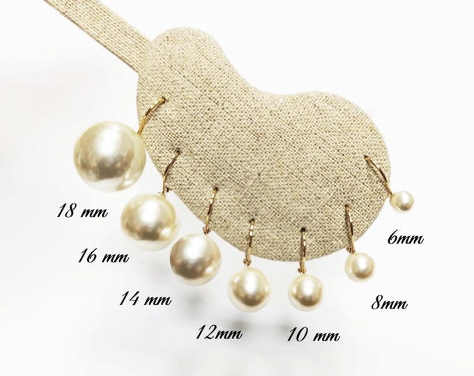 Classic White Pearl Drop Earrings by KRAMIKE • Timeless Gold-Plated lever back 6 to 18mm Pearls • Ideal for Weddings or Everyday Wear •KE050