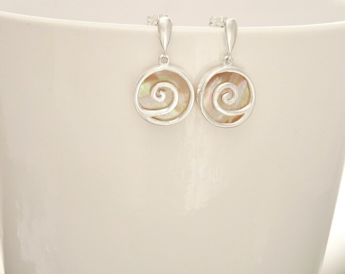 Paua Shell Spiral earrings,  Sterling Silver, Dangle Earrings, Geometric, Round, GENUINE Brown Gold Mother of Pearl with Rainbow Colors