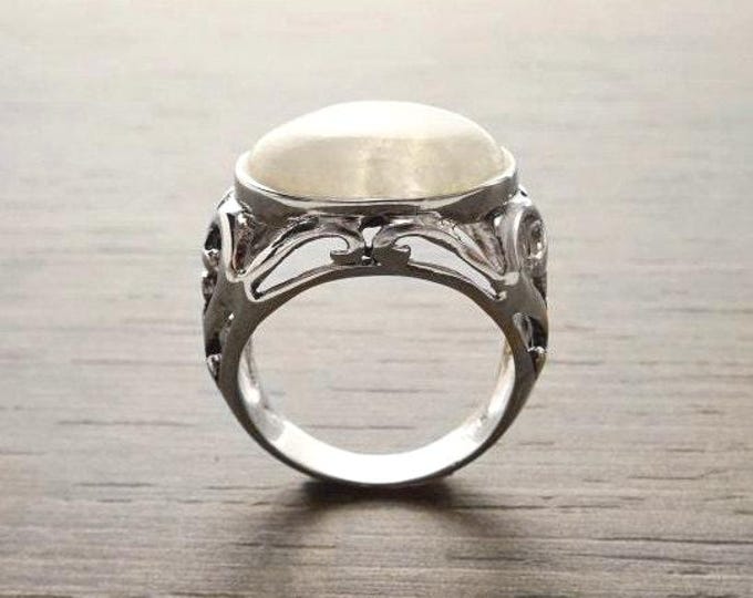 NATURAL Moonstone ring, Sterling Silver, White Moonstone Oval Domed Stone, Boho Vintage Art Nouveau Design Jewelry, Woman Gift