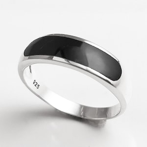 Signet Band Ring, Sterling Silver, Onyx Black Onyx Stone Jewelry, Flat Stone Band, UNISEX Man Woman Modern Minimalist Jewelry