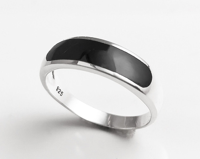 Signet Band Ring, Sterling Silver, Onyx Black Onyx Stone Jewelry, Flat Stone Band, UNISEX Man Woman Modern Minimalist Jewelry