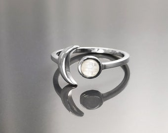 Crescent Moon Ring, Sterling Silver, Genuine Moonstone Gemstone, Boho Chakra Stellar Cosmic Jewelry, Lunar Open Ring, Celestial Round Stone