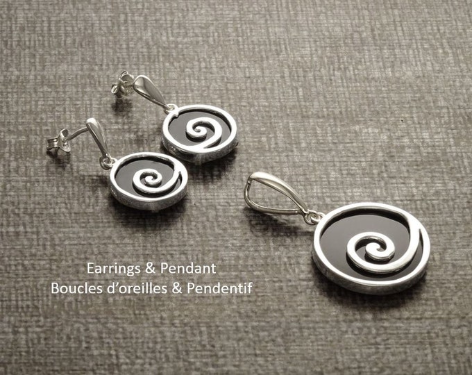 Black Spiral Round Earrings Set, Sterling Silver, Black Onyx Stone, Modern Round Swirl Jewelry, Modern Design Pendant and Earrings Set