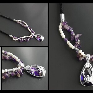 Collier Améthyste , Cuir, Galuchat, Torque, Perles, Nacre, Fleur, Zirconia, Bohème, Pendentif Améthyste, Violet, Collier Argent image 4