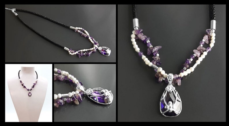 Collier Améthyste , Cuir, Galuchat, Torque, Perles, Nacre, Fleur, Zirconia, Bohème, Pendentif Améthyste, Violet, Collier Argent image 4