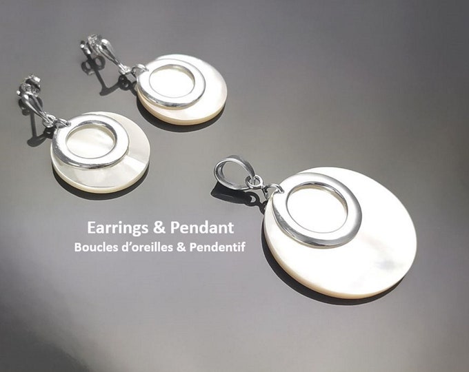 Round Shell Earrings and Pendant SET, Sterling Silver, White MOP Mother of Pearl Flat Disc Necklace Set, Geometric Stone Jewelry