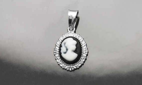 Cameo Pendant, Sterling Silver Black and White Resin Stone