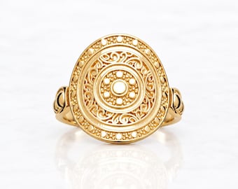 Filigree Shield Ring • 18K Gold plated • Sculptural Antique-Inspired Openwork Armor Medallion • Boho Jewelry