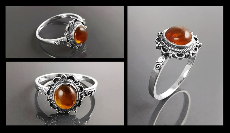 Antique Amber Ring, Sterling Silver, Genuine Amber Ring, Dainty Stone Ring, Midi Oval Ring, Boho Jewelry, Vintage Hipster Ring image 9