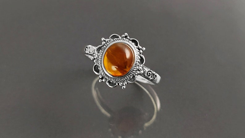 Antique Amber Ring, Sterling Silver, Genuine Amber Ring, Dainty Stone Ring, Midi Oval Ring, Boho Jewelry, Vintage Hipster Ring image 1