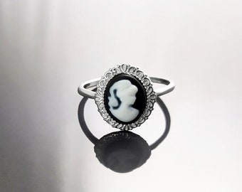 Bague Camée, Camée Pierre de résine Noire et Blanche Argent 925, Bijoux Vintage Victorien, bijou ancien pierre noir