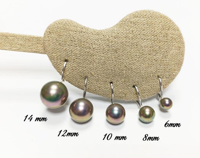 Tahitian Gray Pearl Drop Earrings • Timeless Sterling Silver Leverback 6 to 14mm Shell Pearls • Ideal for Wedding or Everyday Wear