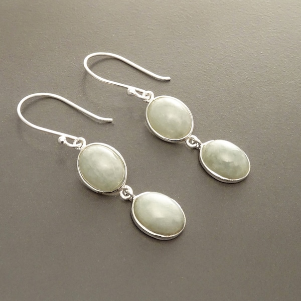 Jade Earrings, Sterling Silver, NATURAL Light Green Jade Gemstone, Minimalist Drop Stone Earrings, Modern Dangle Oval Stones Jewelry